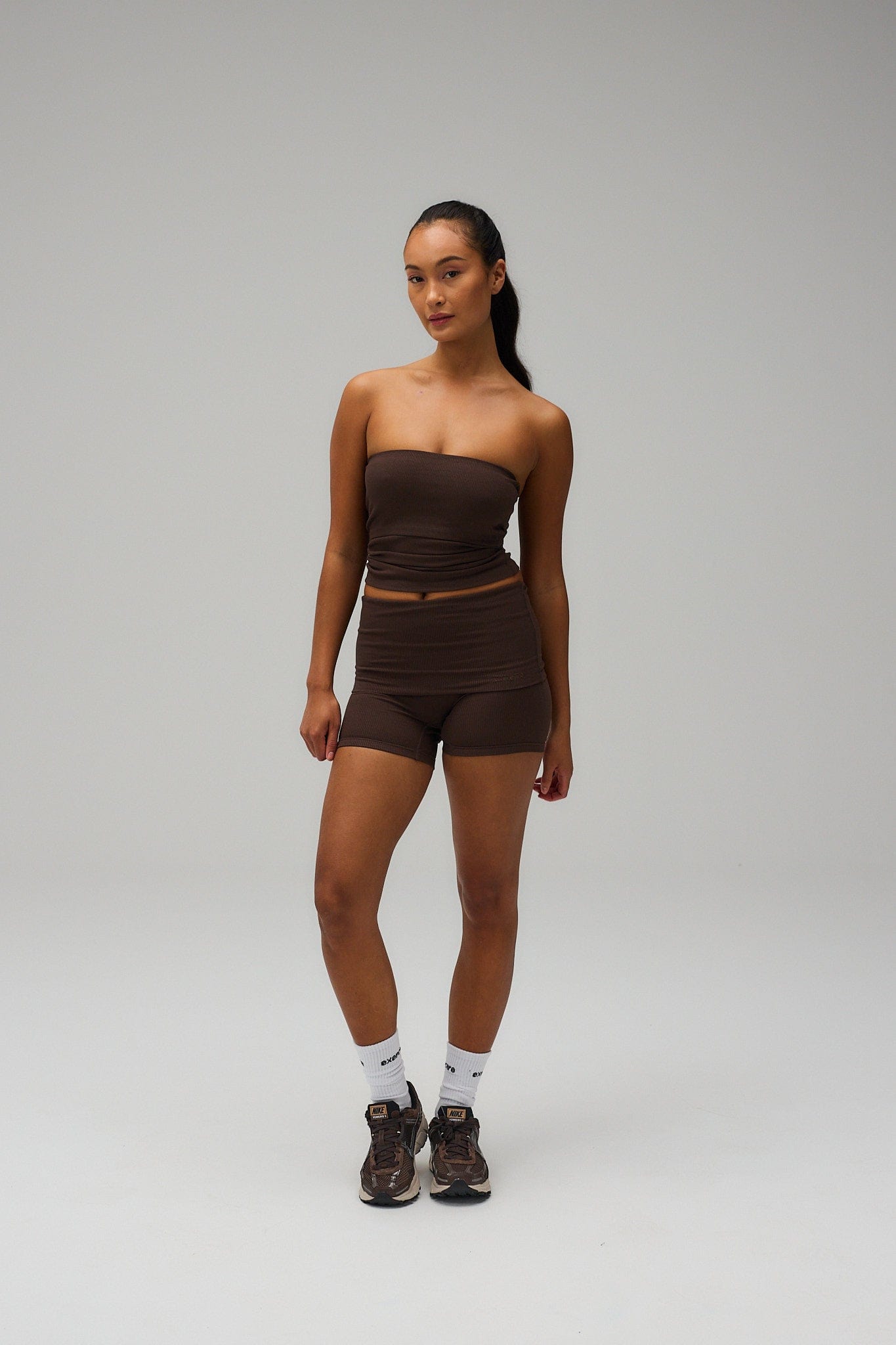 Exercere Rib Fold Over-shorts, pekanbrun